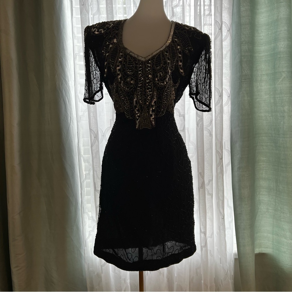 True 80’s Vintage AVENUE 7 CONTINENTAL FASHIONS INC Black Silk Heavy Beading S - Picture 11 of 16